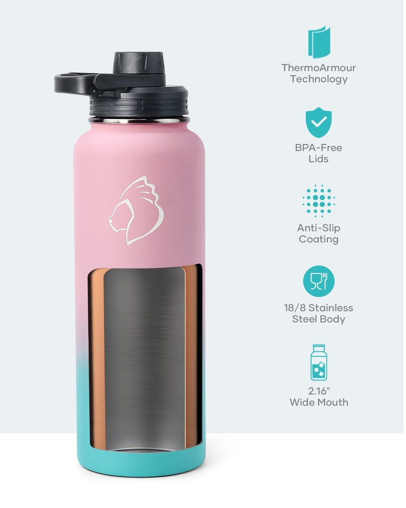 BUZIO 40 oz Water Bottle Insulated with Straw & 3 lid and Carrying Pouch, Leak Proof Anti-Slip Stainless Steel Water Flask Jug, Cold for 48 Hrs Double Vacuum Thermo Canteen, BPA-Free, Bubble Gum - Image 4